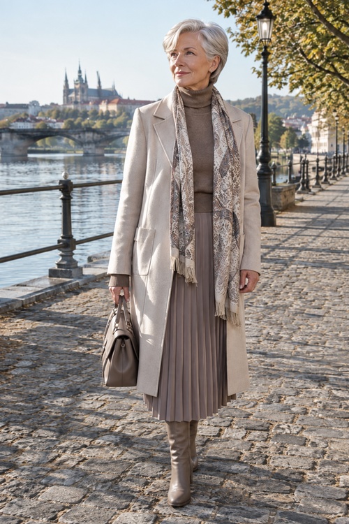Older woman in a beige coat and pleated skirt by the river