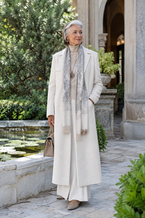 Older woman in an ivory coat and scarf standing in a courtyard