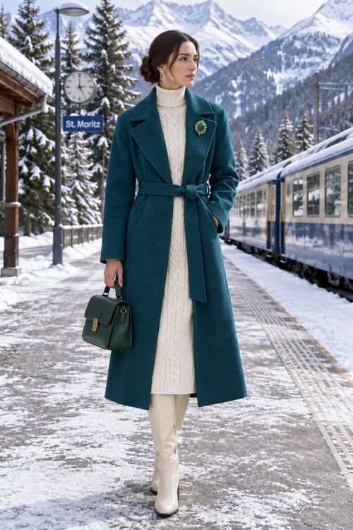 Teal Coat with Cream Cable-Knit Layers