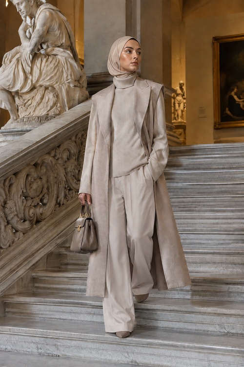 Woman in a beige hijab outfit walking down marble stairs
