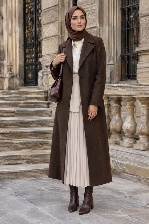 Woman in a brown hijab and long coat standing by stone steps