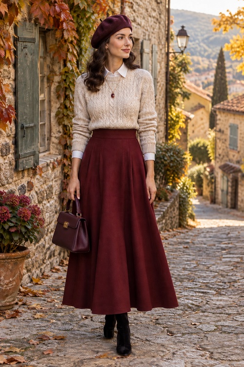 Woman in a cream sweater and burgundy skirt on a cobblestone lane