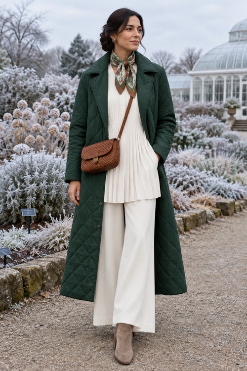 Woman in a forest green quilted coat with cream wide-leg trousers in a frosty garden