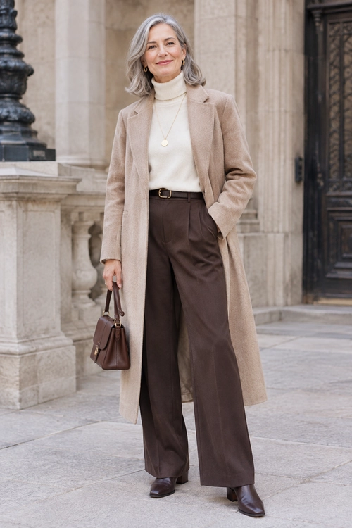 Beige Coat and Brown Trousers Outfit Woman wearing a long beige coat over a cream turtleneck with brown wide-leg trousers, brown boots, and a structured handbag.