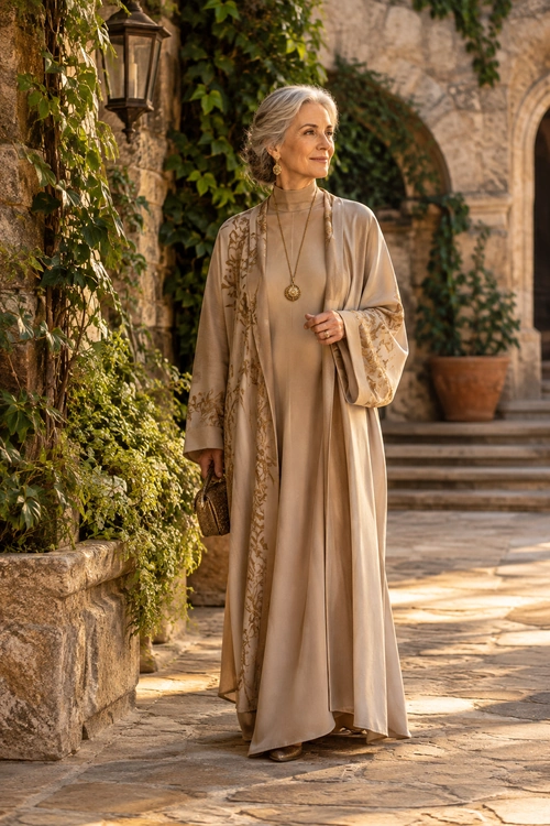 Elegant Beige Embroidered Ensemble A woman wears a flowing beige dress with an embroidered open-front robe, pendant necklace, and small woven clutch in a sunlit courtyard.
