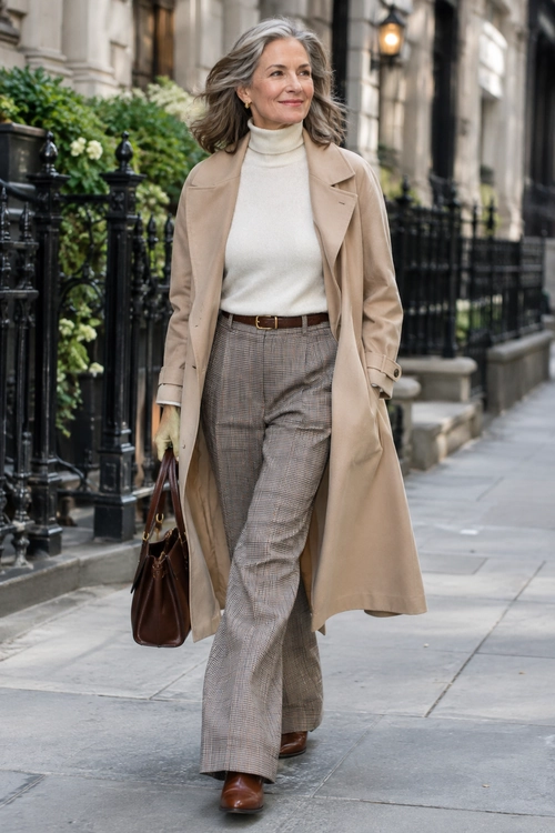 Classic Beige Trench Coat Outfit A woman wears a beige trench coat over a cream turtleneck sweater with checked trousers, brown leather shoes, and a matching brown handbag.