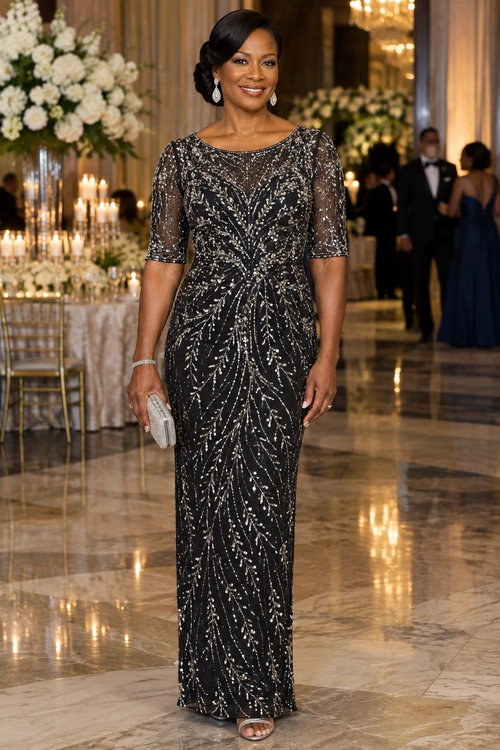 Black Beaded Evening Gown A floor-length black gown with sheer short sleeves and silver beaded embellishment, styled with silver accessories.