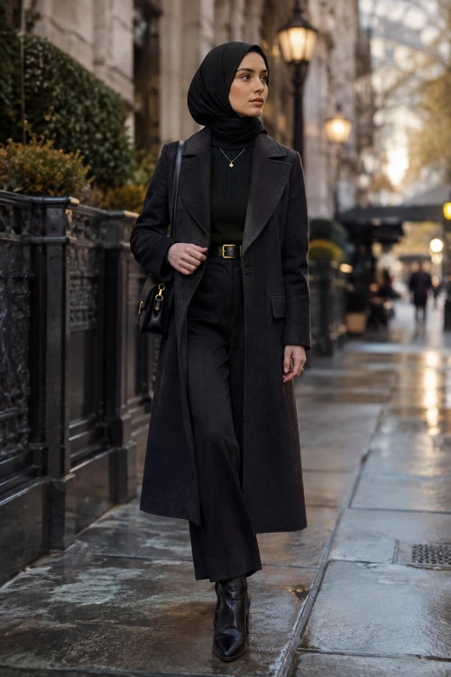 Elegant Black City Layering Woman wearing a black hijab, long charcoal coat, black top, wide-leg trousers, ankle boots, belt, and shoulder bag on a city sidewalk.