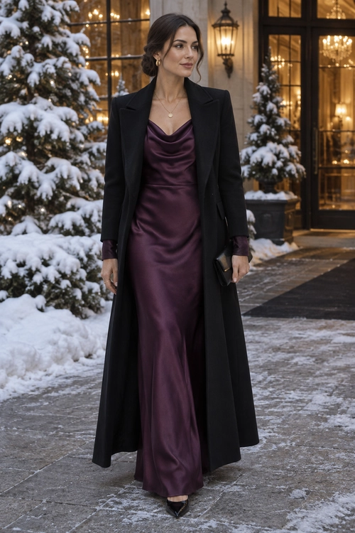 A plum satin cowl-neck dress is layered under a long black coat, with black pointed shoes, gold jewelry, and a black clutch.