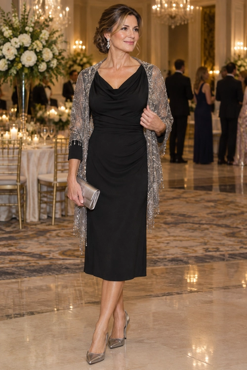 A black knee-length dress with a draped neckline is layered with a sheer silver embellished wrap, silver heels, drop earrings, and a matching clutch.