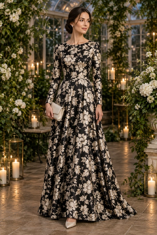 A woman wears a floor-length black gown with cream floral print, an ivory clutch, and matching pointed-toe heels.