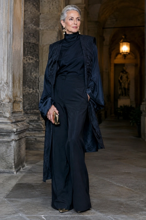 Elegant Black Jumpsuit with Long Patterned Coat A woman wears a dark high-neck wide-leg jumpsuit with a long patterned coat, gold clutch, earrings, and metallic pointed shoes.