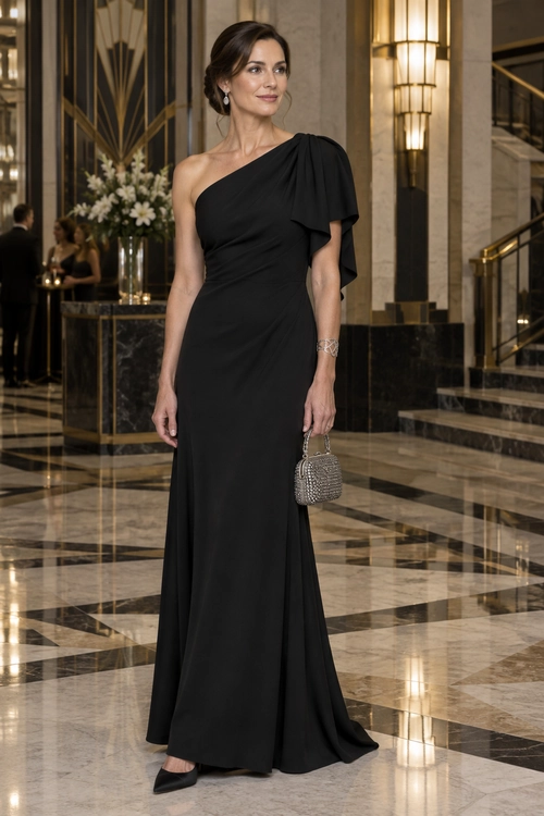 A floor-length black one-shoulder gown with a draped sleeve, paired with black heels, a silver clutch, earrings, and a bracelet.