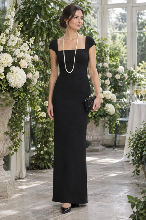 Black Square-Neck Evening Gown A floor-length black gown with a square neckline and cap sleeves, styled with a long pearl necklace, black clutch, and pointed heels.