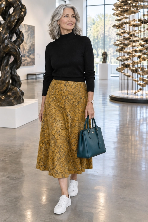 Black Sweater and Mustard Midi Skirt Outfit A woman wears a black turtleneck sweater with a mustard patterned midi skirt, white sneakers, and a teal handbag.