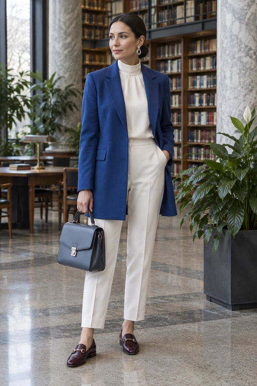 A woman wears a tailored blue blazer over an ivory high-neck blouse with matching trousers, burgundy loafers, and a structured gray handbag.