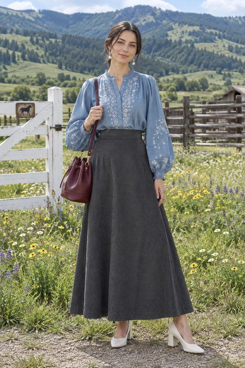 Blue Embroidered Blouse and Charcoal Maxi Skirt A woman wears a blue embroidered blouse with voluminous sleeves, a charcoal full-length skirt, a burgundy shoulder bag, and cream pointed shoes.