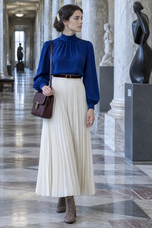 Blue Blouse and Pleated Skirt Outfit A woman wears a royal blue high-neck blouse with a cream pleated midi skirt, brown belt, brown shoulder bag, and ankle boots.