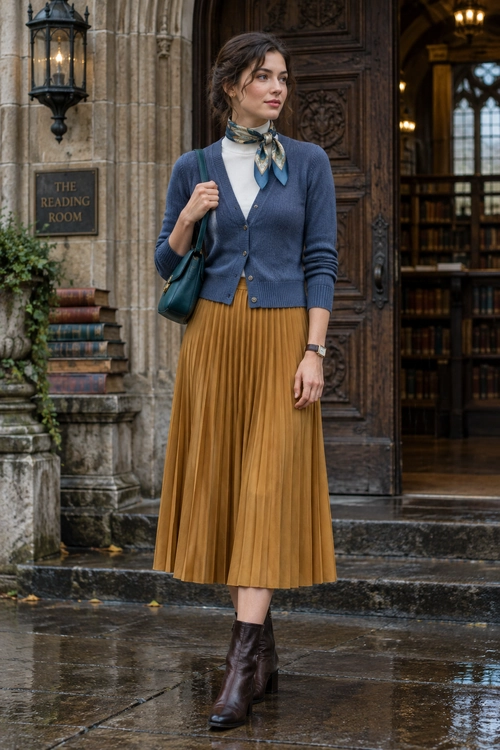 A woman wears a blue cardigan over a white high-neck top with a mustard pleated midi skirt, patterned neck scarf, teal shoulder bag, and brown ankle boots.