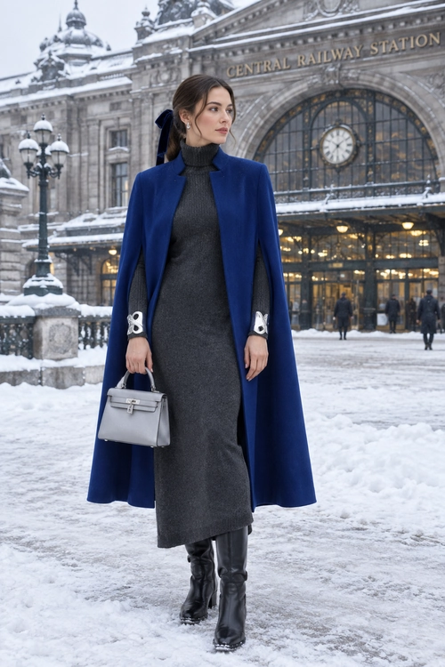 Blue Coat and Gray Dress Winter Outfit Woman wearing a long cobalt blue coat over a charcoal gray high-neck dress with black knee-high boots and a structured gray handbag in a snowy city setting.