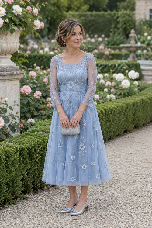 A woman wears a light blue embroidered midi dress with sheer sleeves, silver flats, and a small silver clutch.