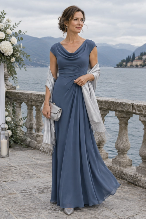 A flowing slate-blue gown with a draped neckline is styled with a silver-gray shawl, matching clutch, and pointed heels.