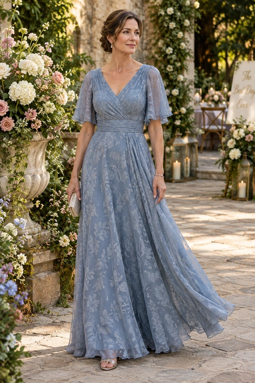 A woman wears a blue-gray floral gown with flutter sleeves and a flowing floor-length skirt in a garden setting.