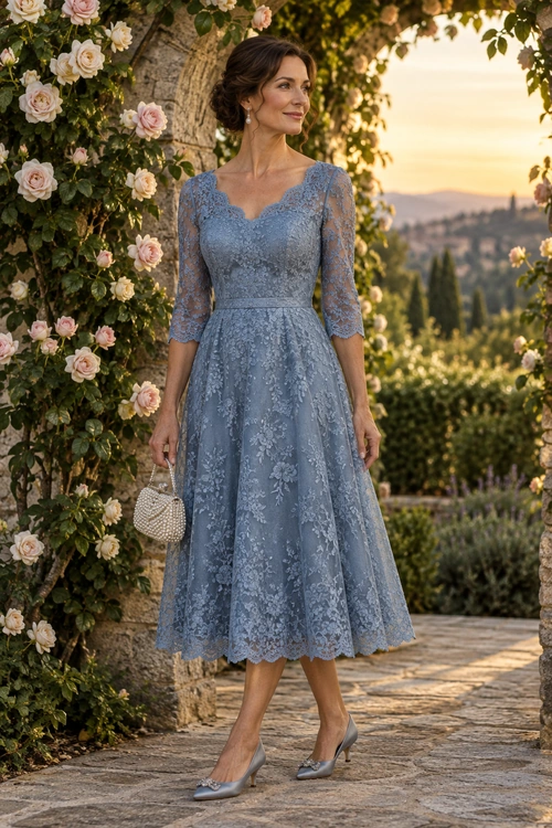 A woman wears a blue-gray lace midi dress with three-quarter sleeves, matching heels, drop earrings, and a small beaded clutch.