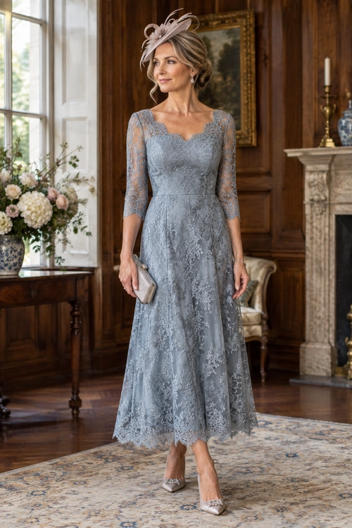 A woman wears a blue-gray lace midi dress with a matching fascinator, metallic heels, and a small clutch.