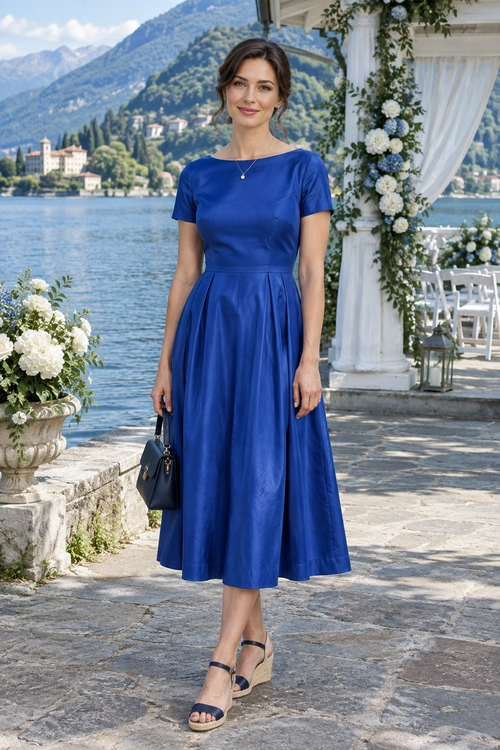 Blue Pleated Midi Dress A woman wears a royal blue short-sleeve midi dress with a pleated skirt, wedge sandals, a pendant necklace, and a dark handbag.