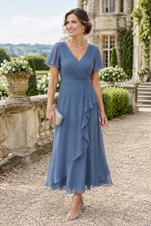 A woman wears a blue-gray wrap dress with flutter sleeves and a flowing ruffled skirt, paired with a small clutch and strappy heels.