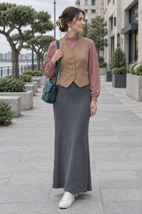 Blush Blouse and Tailored Vest Outfit A woman wears a blush pink blouse with a tan buttoned vest, gray long skirt, white sneakers, and a teal shoulder bag.