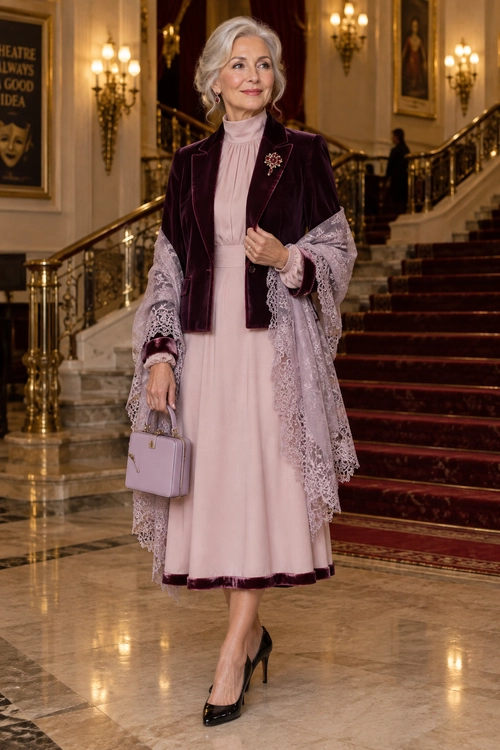 Blush Dress with Burgundy Velvet Jacket A woman wears a blush pink high-neck dress with a burgundy velvet jacket, lace shawl, lavender handbag, and black pointed heels.