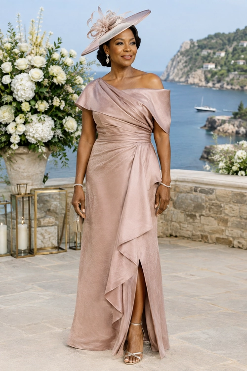 Blush Evening Gown and Hat A woman wears a blush off-the-shoulder evening gown with draped ruffles, a matching wide-brim hat, drop earrings, bracelets, and metallic strappy heels.