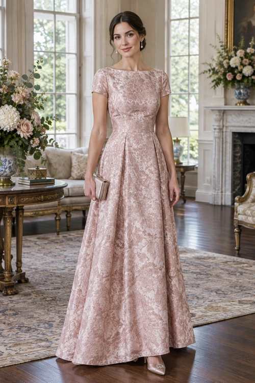 Blush Pink Lace Evening Gown A woman wears a blush pink floor-length lace gown with cap sleeves, a full skirt, a champagne clutch, and matching pointed heels.