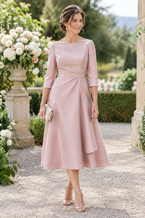 A woman wears a blush pink midi dress with three-quarter sleeves and an asymmetric hem, paired with strappy heels and a small clutch.