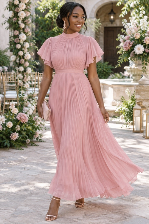 Blush Pink Pleated Maxi Dress A woman wears a blush pink pleated maxi dress with flutter sleeves, drop earrings, a small clutch, and open-toe heels.