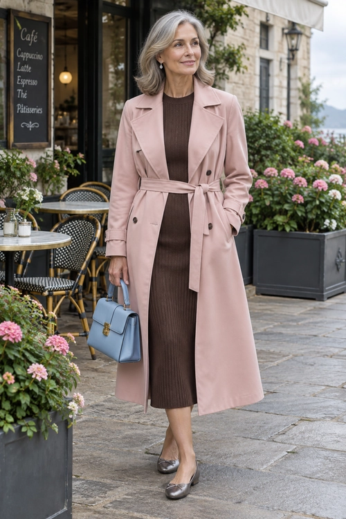 Blush Trench Coat with Brown Midi Dress A woman wears a blush pink belted trench coat over a brown ribbed midi dress with a light blue handbag and metallic flats.