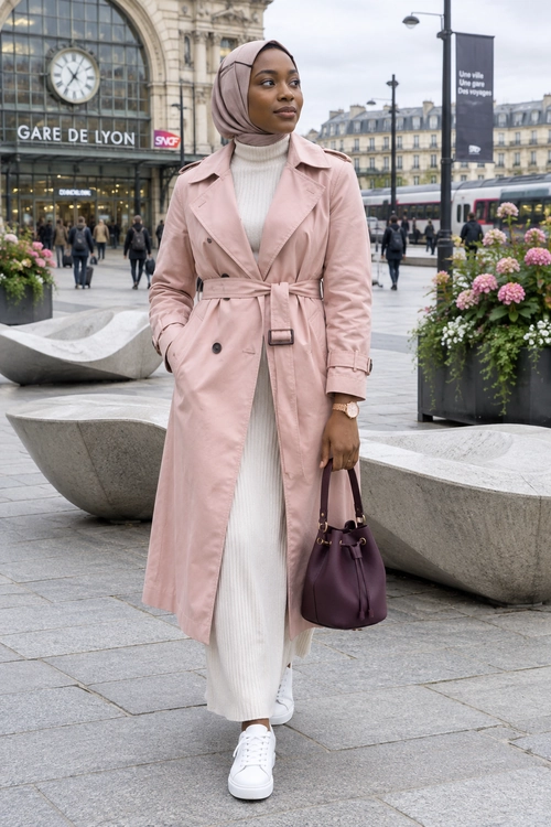 A woman wears a blush pink belted trench coat over a cream ribbed dress with a taupe hijab, white sneakers, and a burgundy handbag.