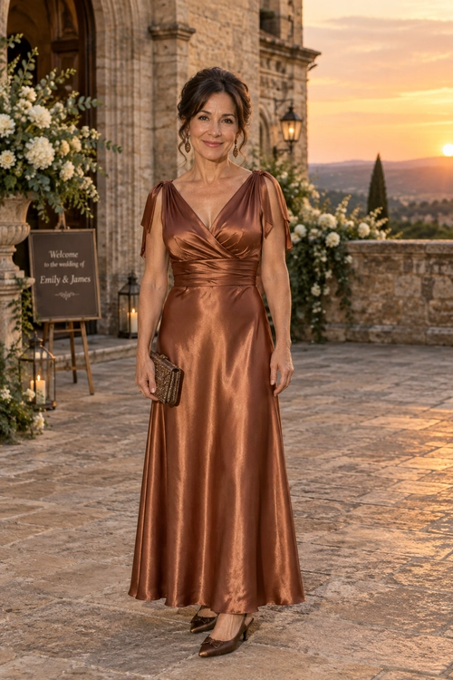 A woman wears a floor-length bronze satin dress with a draped V-neck bodice, brown pointed-toe shoes, dangling earrings, and a small metallic clutch.
