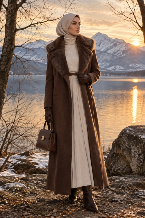 Elegant Brown Winter Layering A woman wears a long brown fur-collar coat over a cream ribbed dress with a beige hijab, brown gloves, a belt, handbag, and boots.
