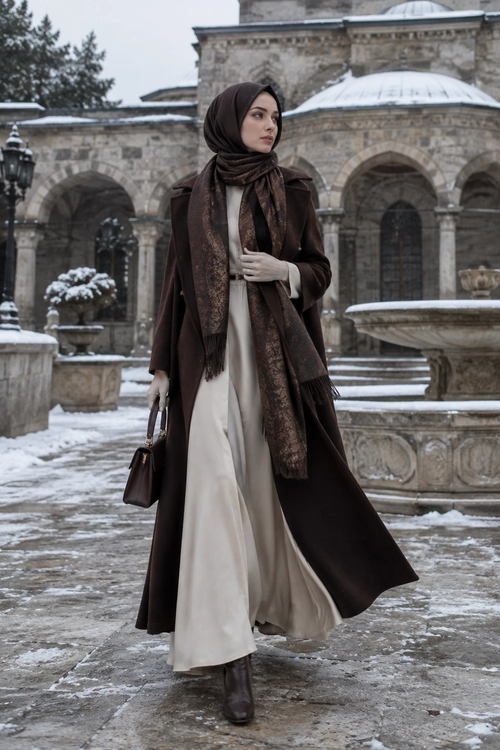Elegant Brown Coat and Cream Dress A woman wears a long dark brown coat over a flowing cream dress with a patterned brown scarf, matching headscarf, ankle boots, and a handbag.