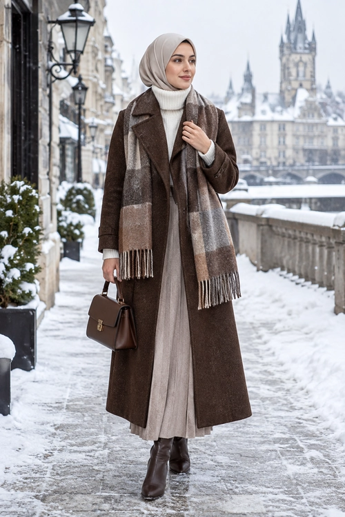 Brown Coat and Hijab Winter Outfit A woman wears a long brown coat, beige hijab, plaid scarf, pleated skirt, brown boots, and a structured handbag in a snowy street setting.