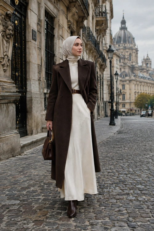 Elegant Brown Coat and Ivory Dress A woman wearing a long brown coat over an ivory dress with a matching neutral hijab, brown belt, handbag, and ankle boots.