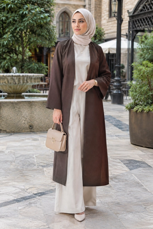 Brown Coat and Neutral Hijab Outfit A modest outfit featuring a long brown coat over a cream top and wide-leg trousers, paired with a taupe hijab, beige handbag, and pointed shoes.