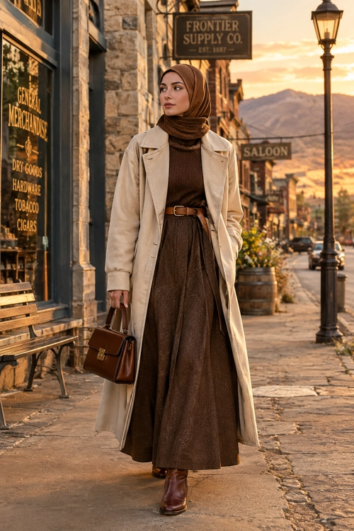 Modest Brown Dress and Long Coat A woman wears a brown hijab, long brown dress, belted beige coat, brown ankle boots, and carries a leather handbag.