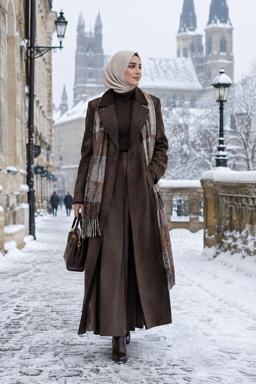 Elegant Brown Winter Layering A woman wears a long brown coat over a dark brown dress with a taupe headscarf, plaid fringed scarf, dark boots, and a handbag in a snowy city setting.