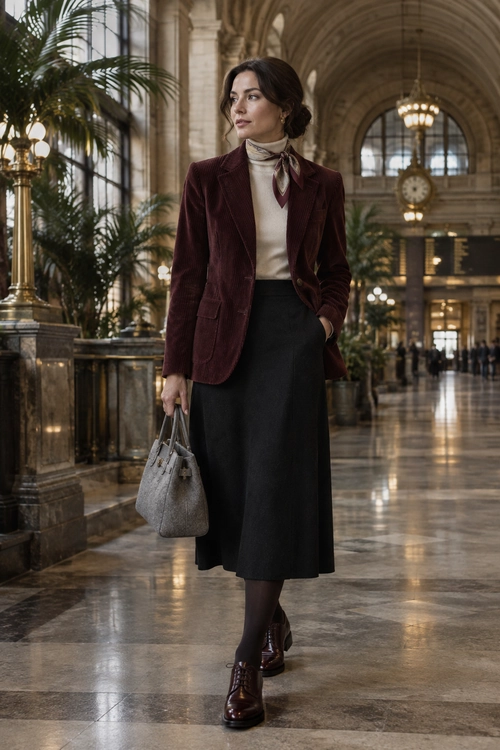 A woman wears a burgundy blazer over a cream turtleneck with a neck scarf, black midi skirt, dark tights, burgundy ankle boots, and a gray handbag.