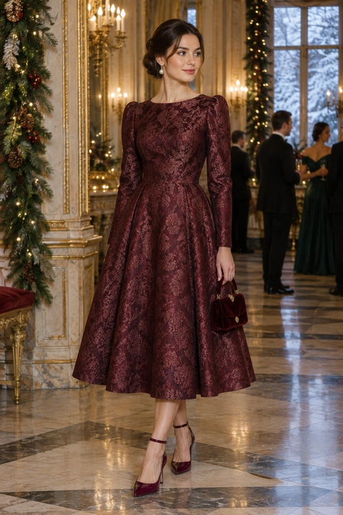A burgundy brocade midi dress with long sleeves and a full skirt, styled with matching heels, a small handbag, and pearl drop earrings.
