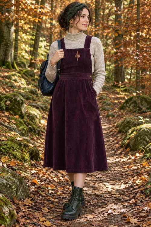 Burgundy Corduroy Pinafore Outfit A woman wears a burgundy corduroy pinafore dress over a cream turtleneck sweater with black boots and a backpack on a forest path.